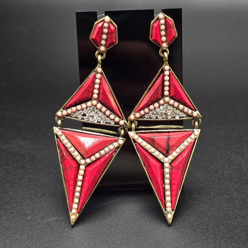 Red Pink Rhinestone Geometric Earrings Triangular - Picture 5 of 8